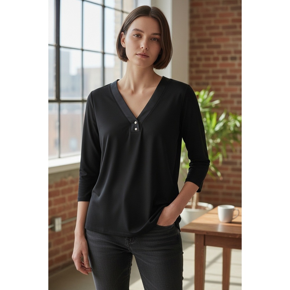 Banana Republic Black V Neck 3/4 Sleeve Button Detail Top Plus Size XXL